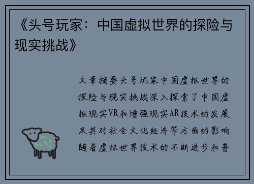《头号玩家：中国虚拟世界的探险与现实挑战》
