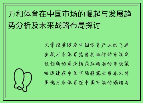 万和体育在中国市场的崛起与发展趋势分析及未来战略布局探讨